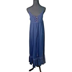$119 Lucky Brand Boho Maxi Dress Navy Blue Crinkle Cotton Crochet Lace XS